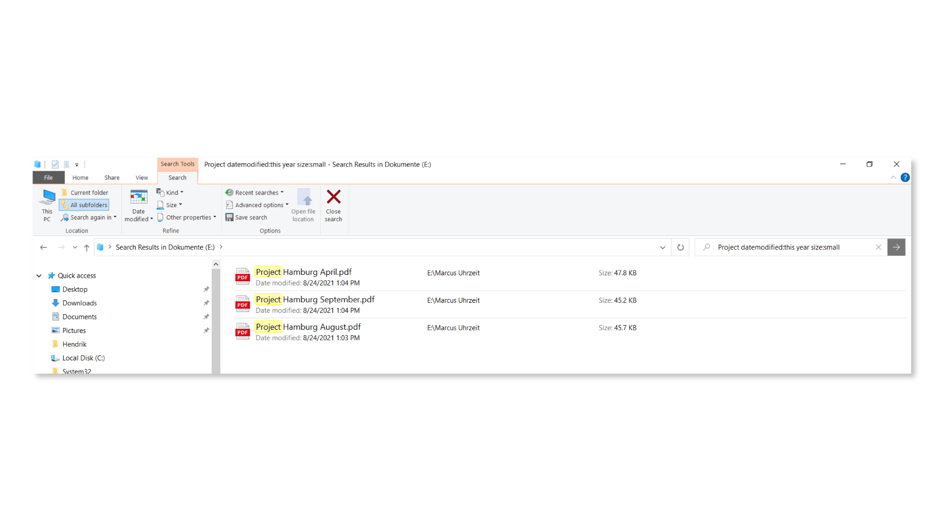 Windows 10 search with filters