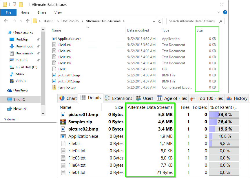 Alternate Data Streams displayed find hidden content with TreeSize